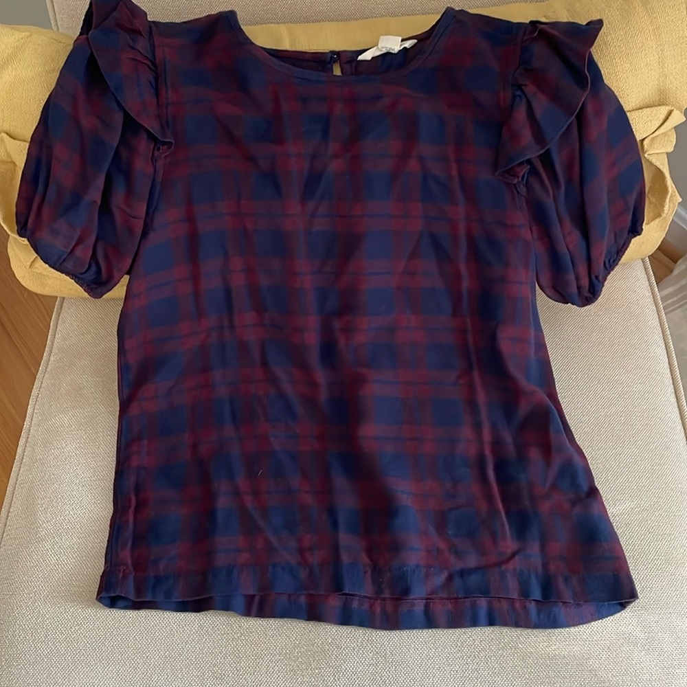 Women’s American Eagle Plaid Blouse Ruffle Sleeve Size XXS